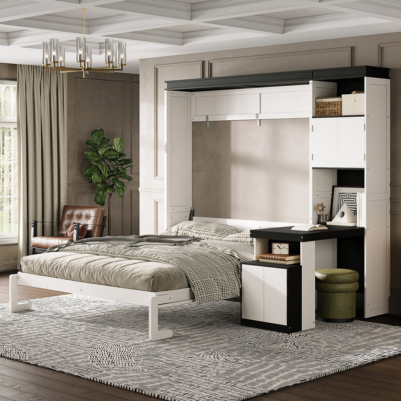Lit escamotable double avec bureau, tablettes et armoires de rangement