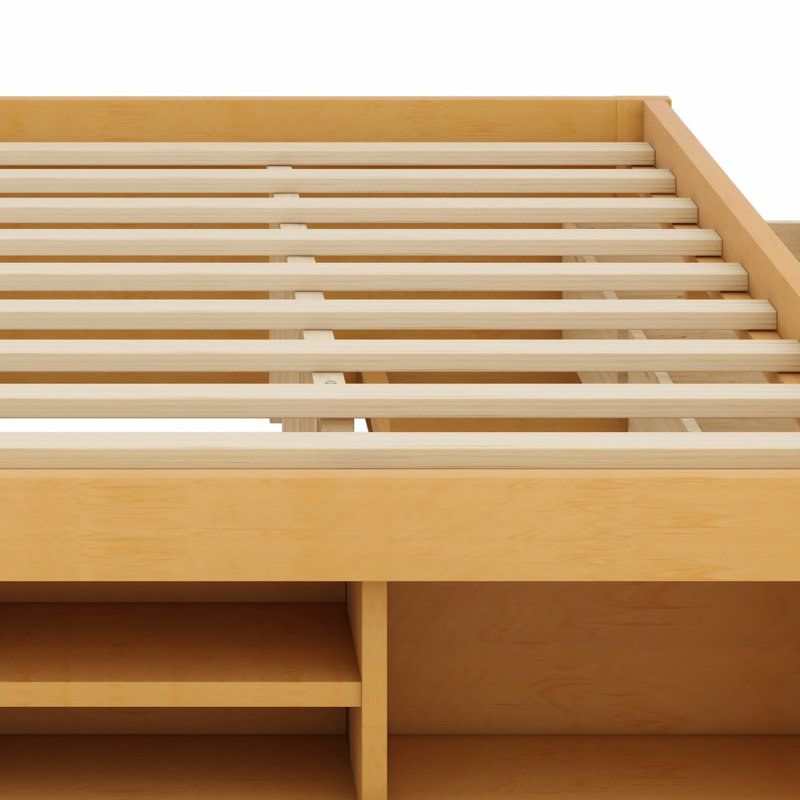 Platform Bed Frame with 4 Storage Drawers and Hydraulic Footboard Storage, No Headboard Style, Naturel