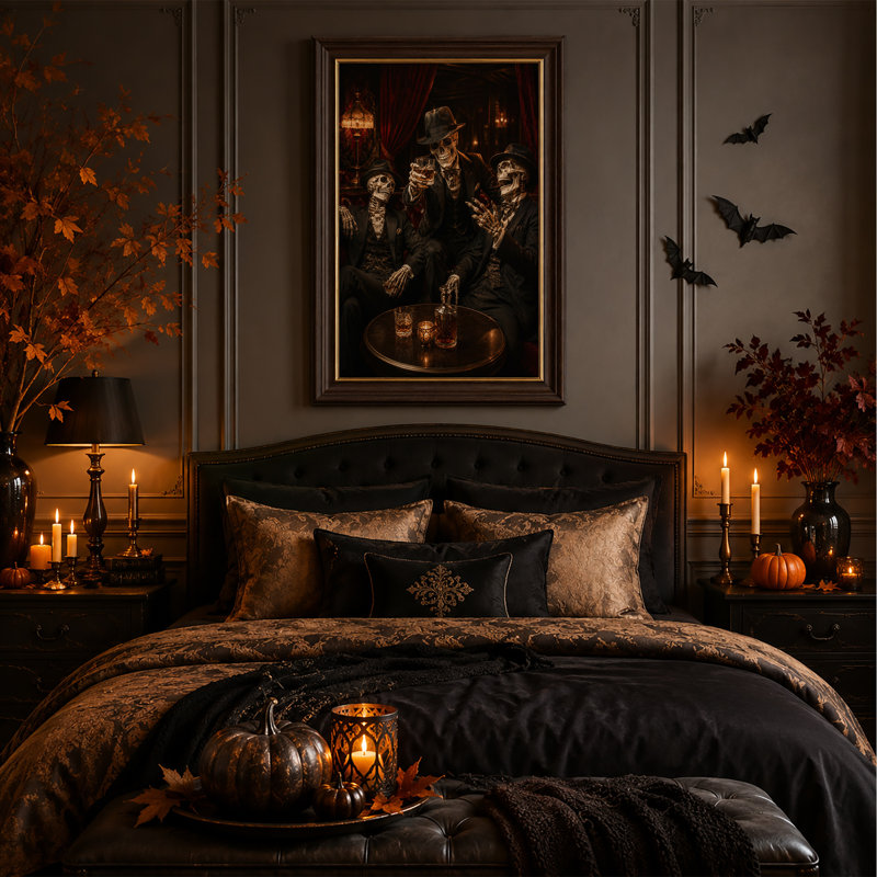 «Three Skeleton Men in Suits Dr buing Whiskey in Halloween», art mural sur toile, H 24 po x l 16 po
