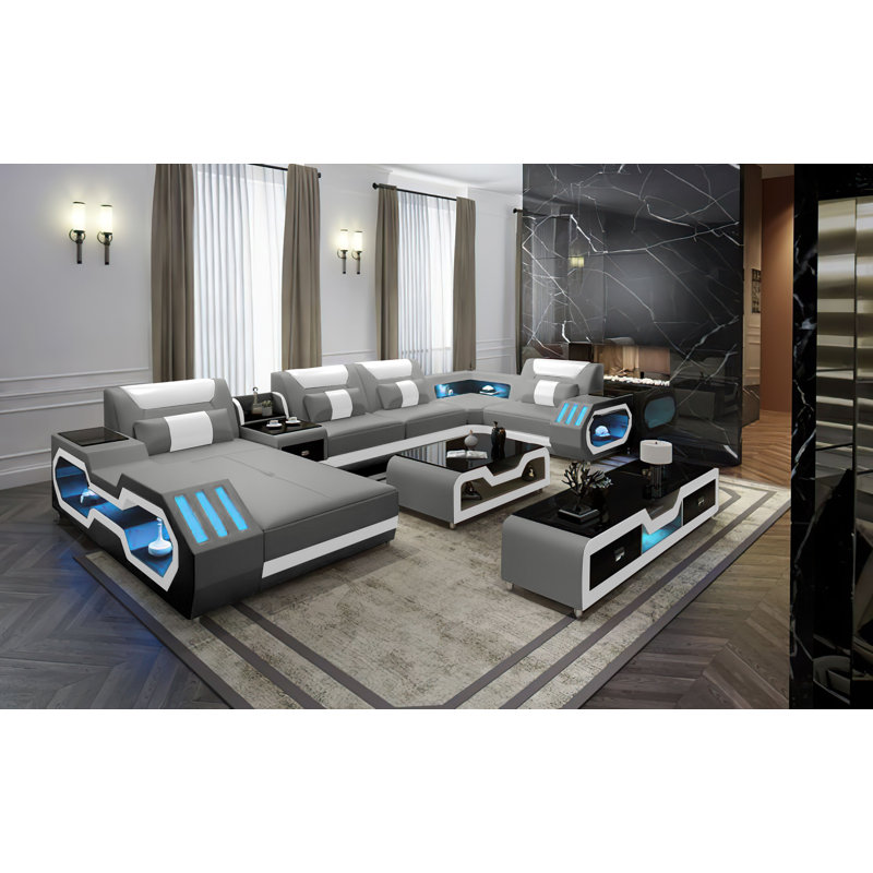 Linsy Modern Leather Sectional With Console, Light Gray/White Faux Leather, Left Hand Facing