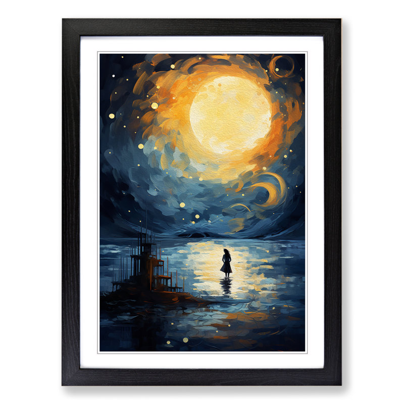 Moon Impressionism No.2 - Single Picture Frame Print on Wood, Black Framed, 34cm H x 25cm W x 2cm D