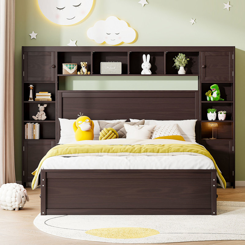 Grand lit en bois massif avec solutions de rangement pratiques - Ensemble d'armoire, de tablette et de socle de couleur durable avec douilles accessibles