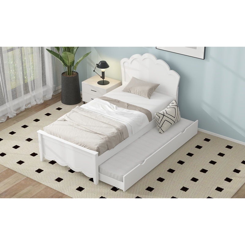 Lit simple en bois blanc avec tête de lit et lit gigogne portatif