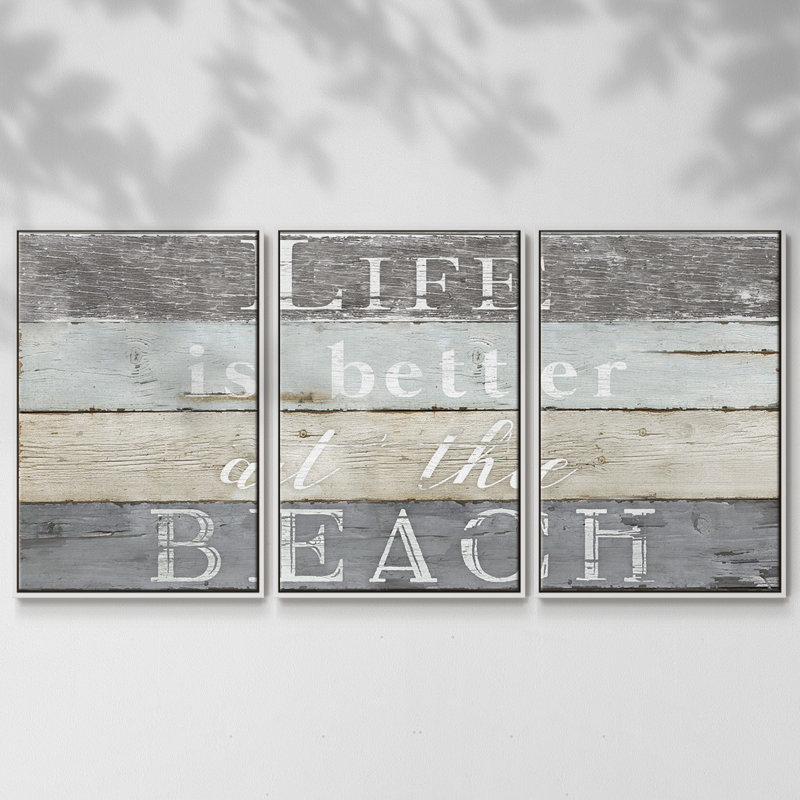 «Life Better Beach», art textuel sur toile 3 pièces, Blanc, H 24 po x l 48 po x P 2 po