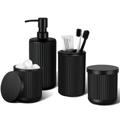 Matte Black Bathroom Accessories Set, 4 Pcs Glass Bathroom Accessory Set, Soap Dispenser, Toothbrush Holder, Cotton Swab Holder Set, Bathroom Sets Complete, Bathroom Sink Set For Modern Home Decor