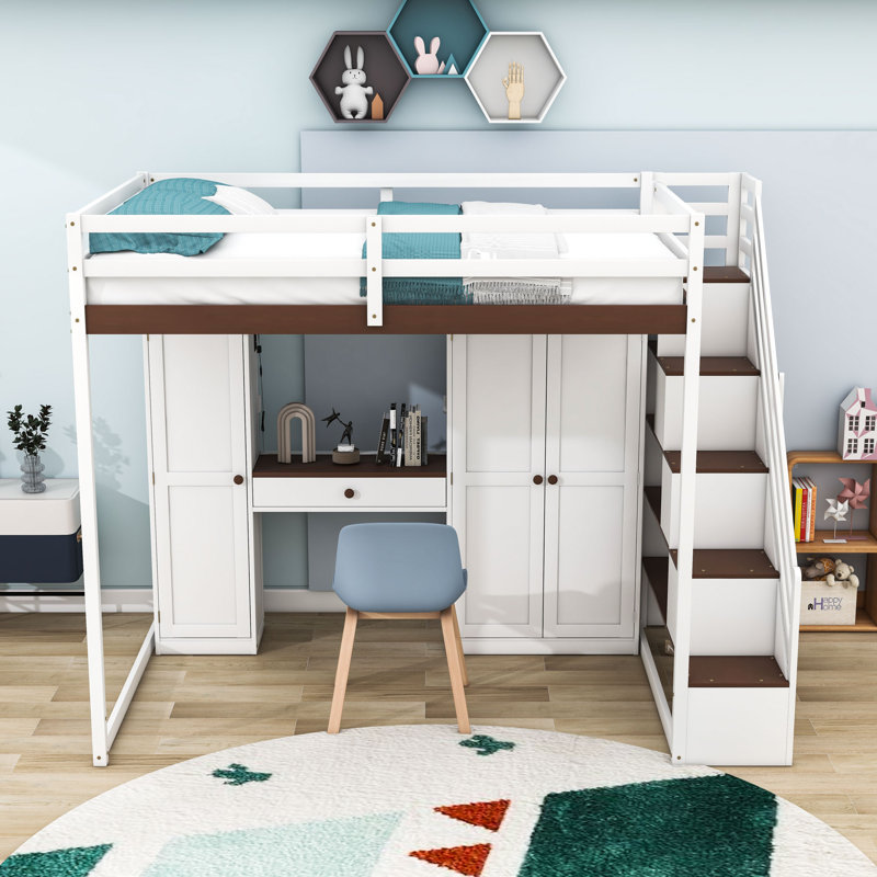 Full Wooden Loft Bed With USB Charging Ports, Wardrobe, Light, Dressing Table And Shelves, White Brown