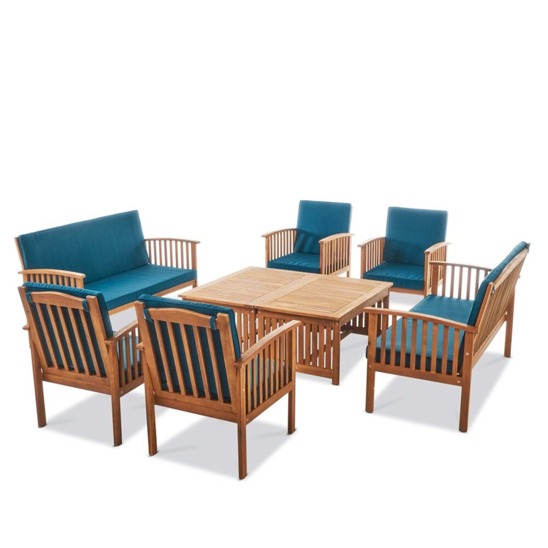 Amorae Acacia 8 - Person Patio Conversation Set with Cushions, Natural Frame/Dark Teal Cushion