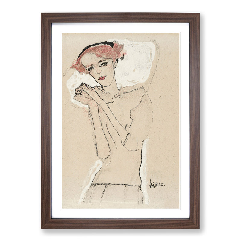 Portrait of a Woman Vol.3 by Egon Schiele - Picture Frame Painting on MDF, 48cm H x 36cm W x 2cm D, Walnut Framed