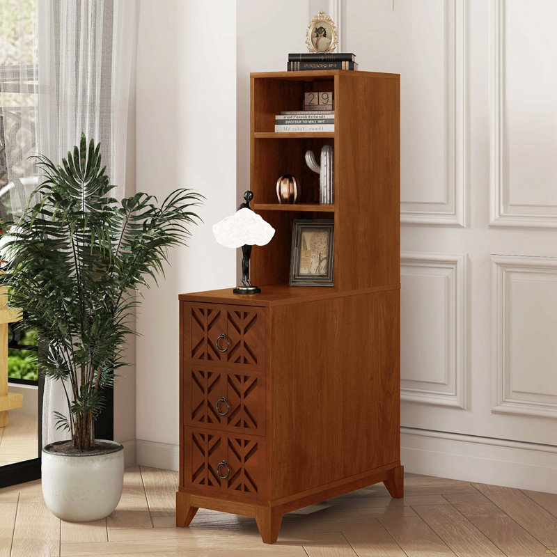 Table de bout avec 3 tiroirs, table de coin avec 2 tablettes ouvertes, table d'appoint haute, Naturel