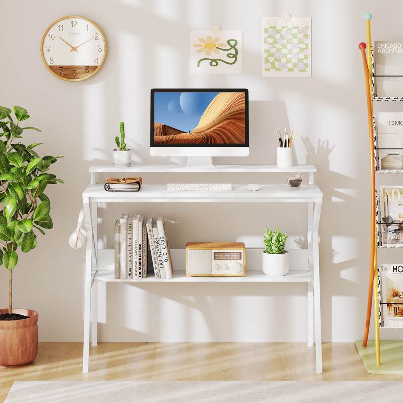 Bureau personnel avec support pour moniteur, tablette ouverte et structure en métal, crochet pour écouteurs, Blanc