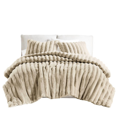 3 Pcs King Comforter Of Taupe Faux Fur, Luxurious Smooth Fur Front, Fill For Comfort, Overlapping Sham Enclosure Taupe, Warmth And Machine Washable