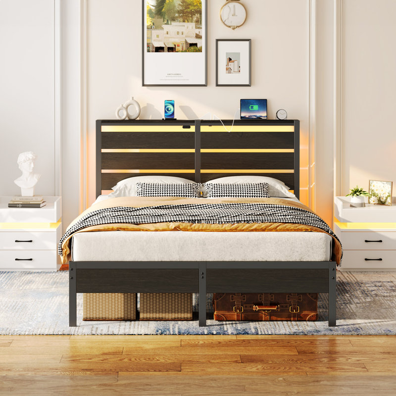 Hana Bed Frame with Headboard &  LED Lights, Metal Slat Bed with Charging Station, Black, Full/Double