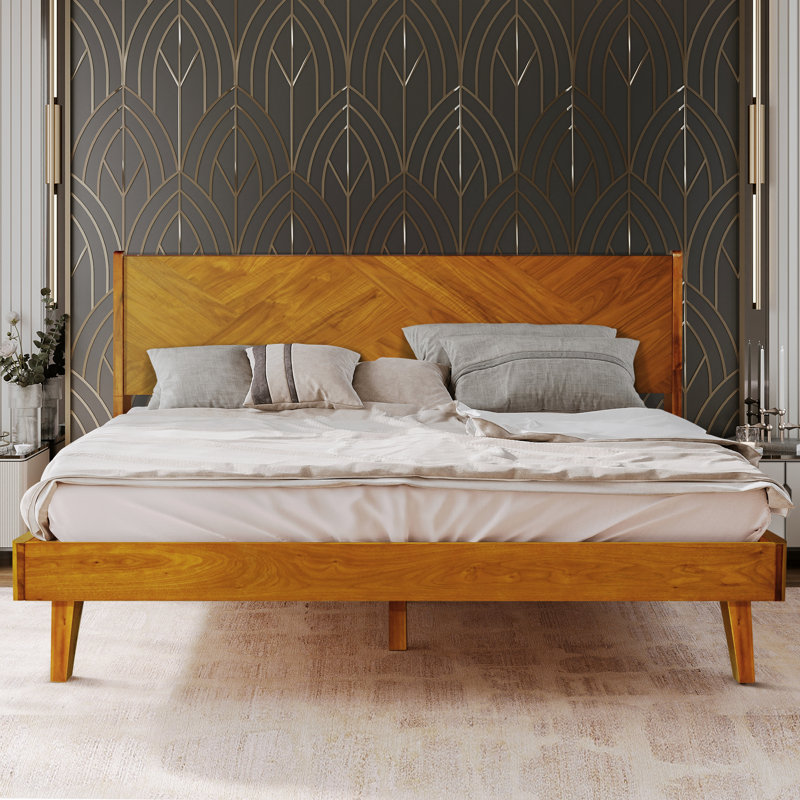 Gazelle Solid Wood Bed Frame with Artistic Patterned Headboard, King size bed, Caramel, Caramel, King