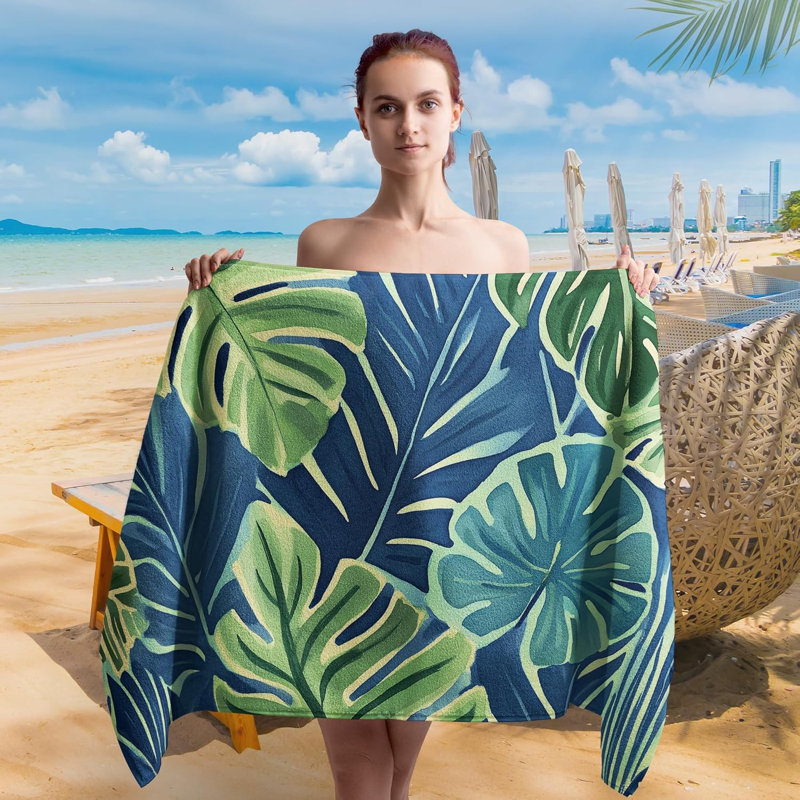 Tropical Monstera Leaf Beach Towel, Tropical Palm Floral Beach Towels Oversized Gifts for Women Men, Blue and Green Quick Dry Travel Sand Free Towel Decor for Bathroom Swimming Pool 35x70in