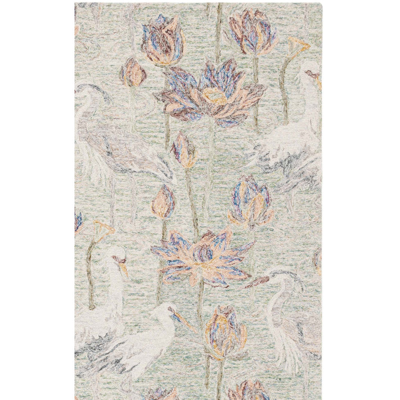 Tapis à motif floral en laine / coton touffeté Bovia vert / ivoire / jaune, Tapis de couloir 2 pi 3 po x 8 pi