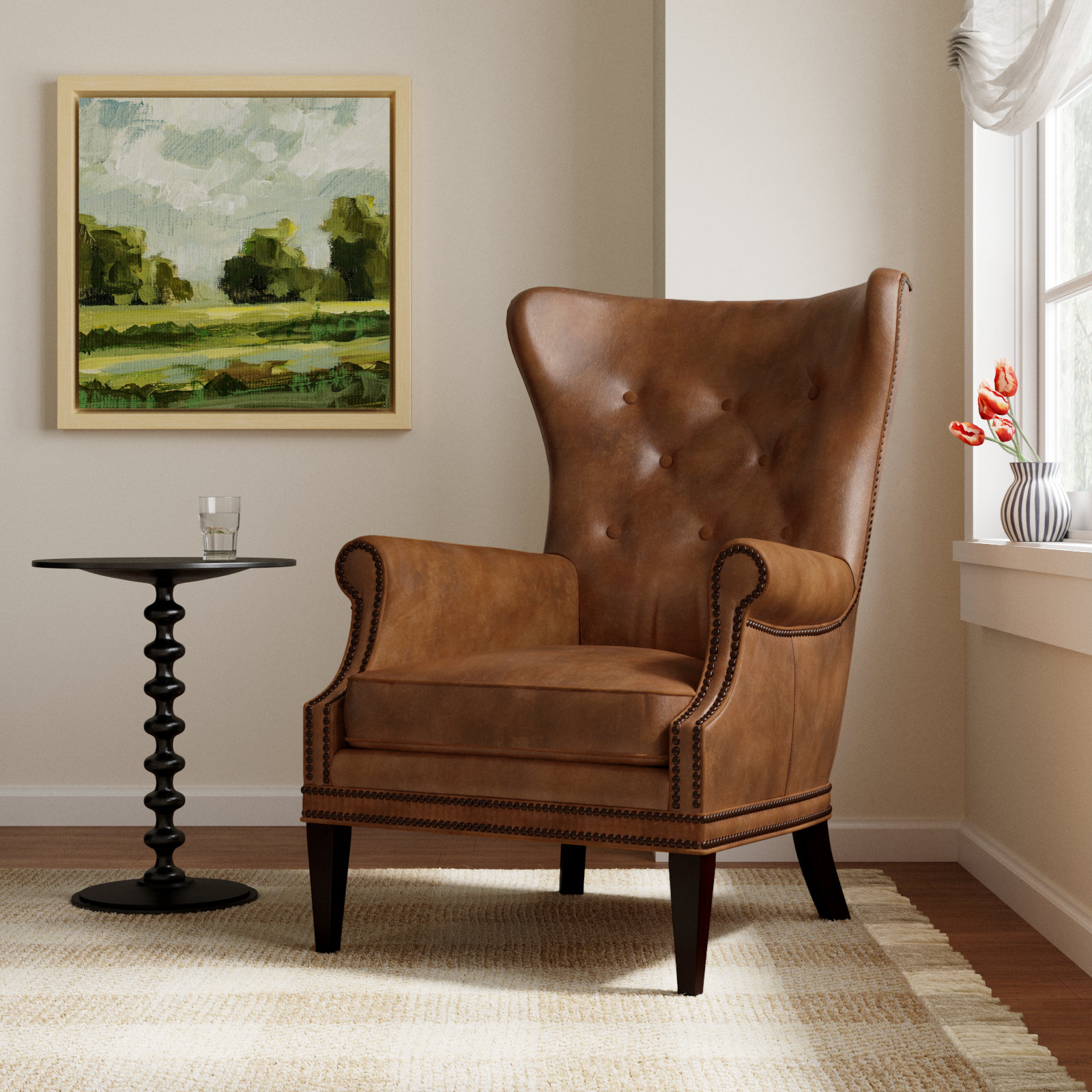Maya Upholstered Wingback Chair, Brown Genuine Leather