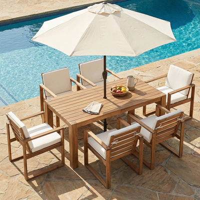 Rustic Patio Table And Chairs Set For 6 - Outdoor Dining Furniture With Umbrella Hole, Durable Wooden Frame, Cushions Included