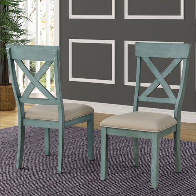 Of 2 Wood Dining Chairs, Antique Blue. Solid Rubberwood, Tan Fabric Seat. Powder Coat Finish. 37.77"H X 18.26"W 22.95"D Blue Upholstered Chairs. Weathered Coat.