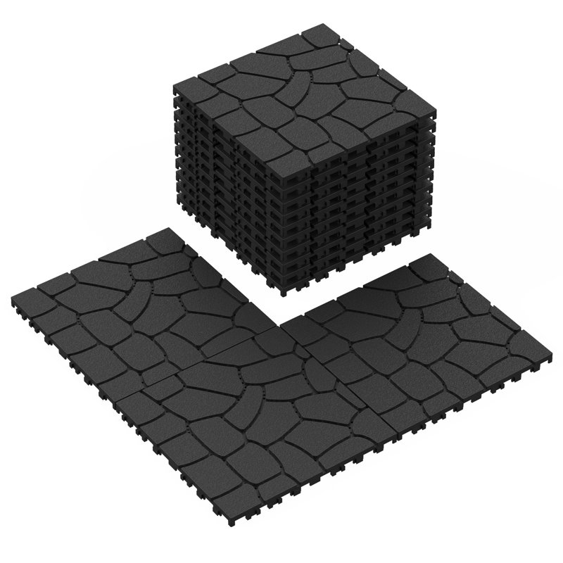 12'' L X 12'' W New Stone Texture Plastic Interlocking Deck Tile,44Pcs Included, Dark Gray