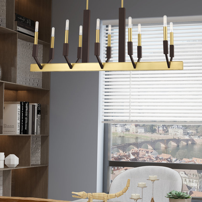 Lustre rectangulaire à 10 lumières Avangaline, Laiton satiné et bronze