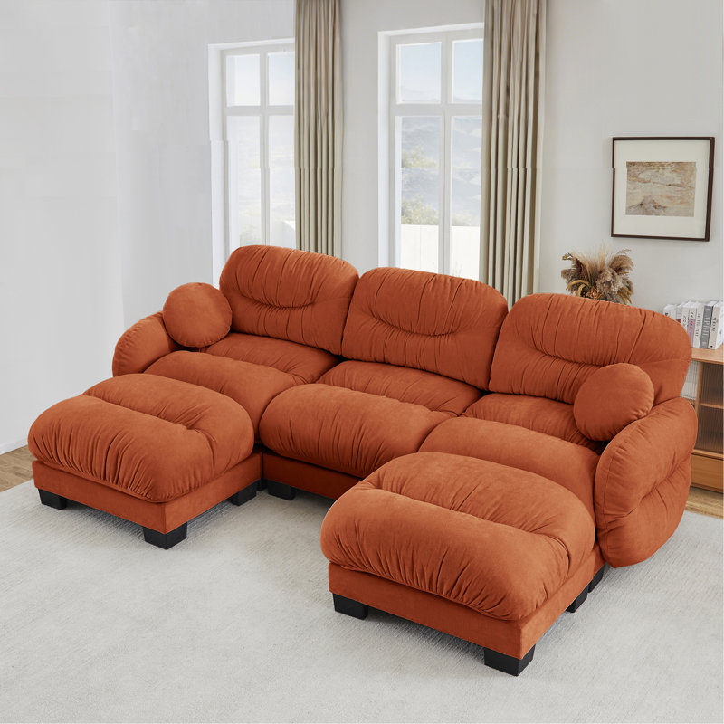 Canapé modulaire orange en chenille plissée 3 places avec mousse ergonomique haute densité, canapé modulaire en forme de U avec 2 repose-pieds, accoudoirs courbés et 2 coussins décoratifs