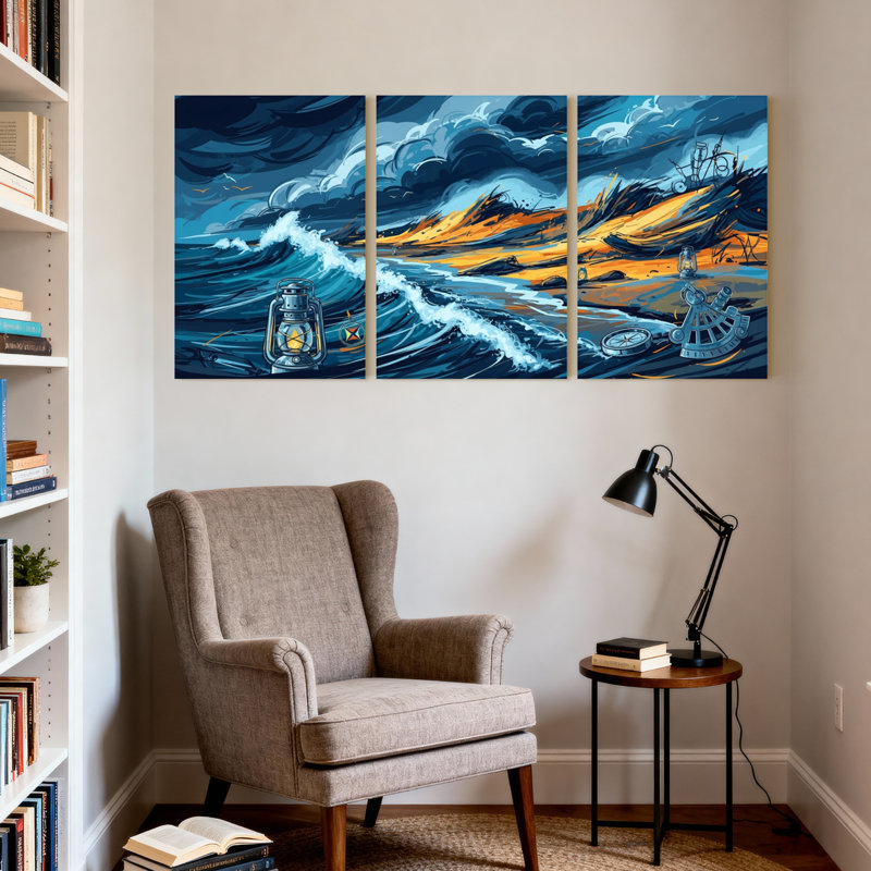 Nautique et plage, tempête, vagues de la mer, lanterne, naufrage, coucher de soleil, boussole, ensemble de 3 impressions sur toile