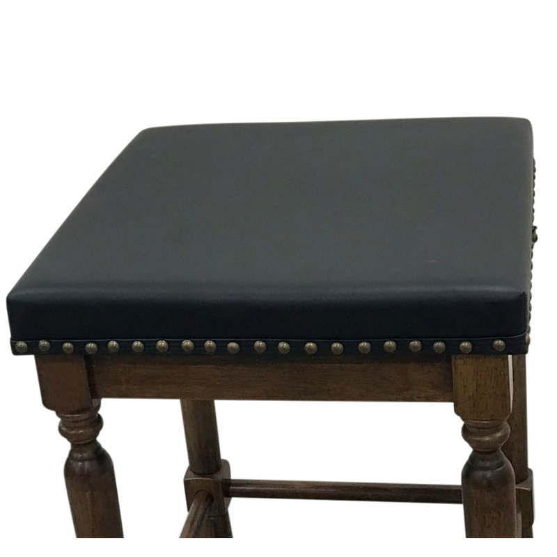 Élégant tabouret de bar noir l 16 po x H 24 po avec assise rembourrée en PVC et structure en bois d'hévéa rustique