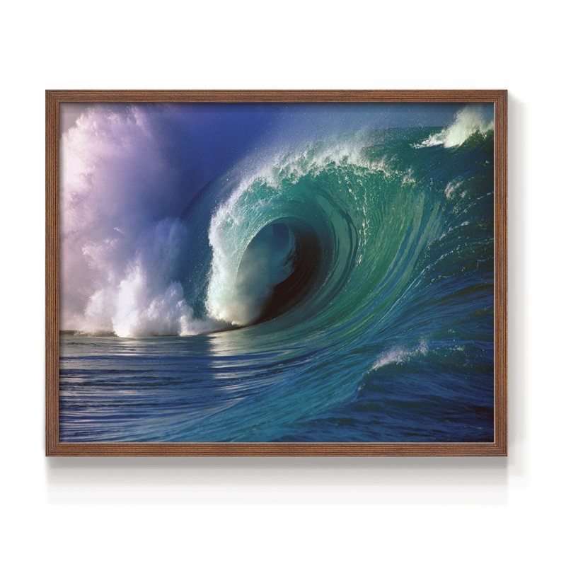 Waimea Bay - Reproduction encadrée - Restickable, H 16 po x l 20 po, Noyer