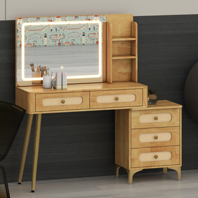 Meuble-lavabo rétro avec miroir éclairé, tiroirs de rangement et tablette ouverte, coiffeuse à intensité variable