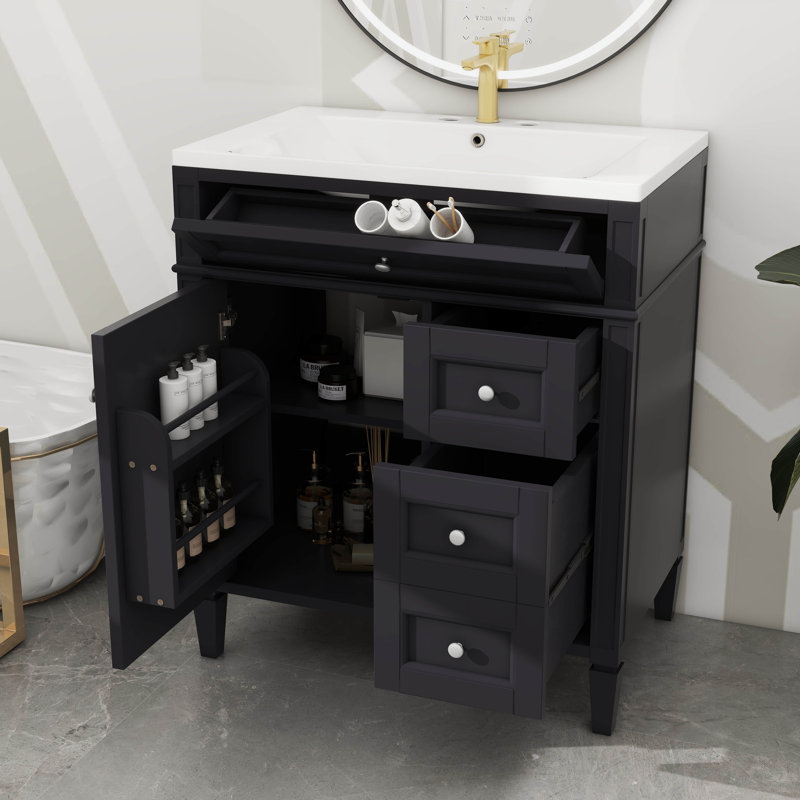Meuble-lavabo contemporain de 30 po avec lavabo supérieur, 2 tiroirs et un tiroir avant pour lavabo simple, Noir