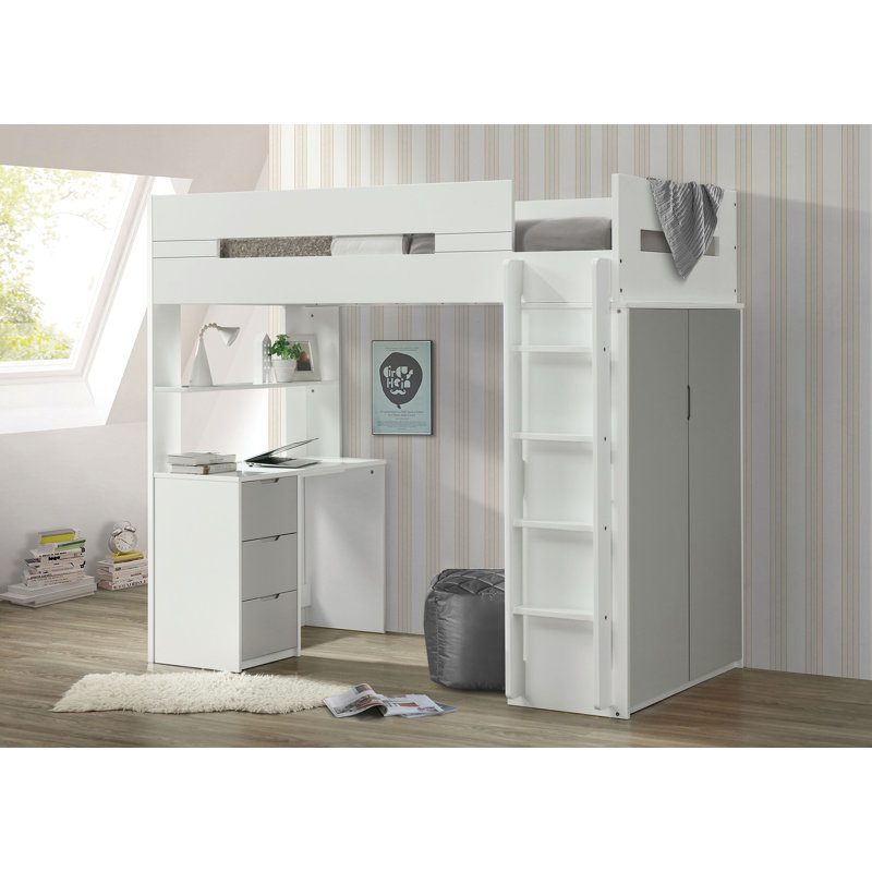 Oregon Twin 3 Drawer Loft Bed with Bookcase by Isabelle & Max, White/Gray