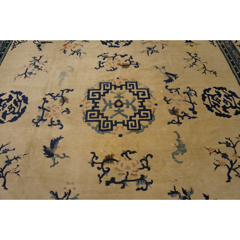 1890s Ivory Beige Cream White Rectangle Hand Knotted Pile Wool Antique Rug