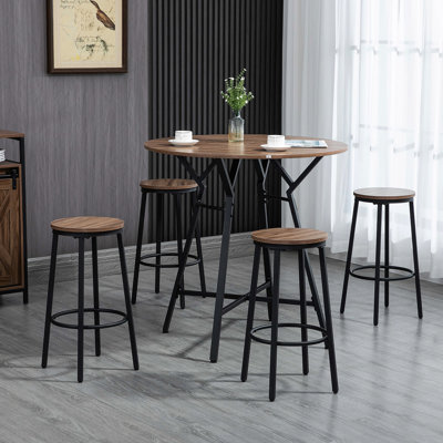 Industrial 5 Table And Chairs , Space Saving Pub Kitchen, Black Brown. Round Table, 4 Stools, Chair Can Bear Weight Stress Of 220 Lbs, 132 Lbs Dining , For & Stools Stand Up To A Load