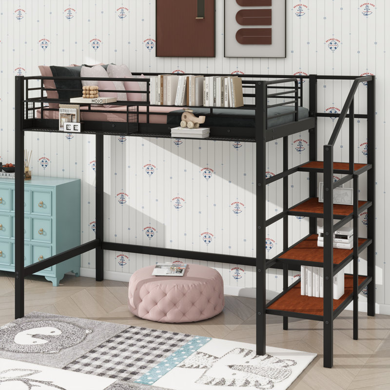 Twin-Sized Metal Loft Bed, Features Upper Grid Storage Shelf And Ladder With Side Compartments, Black