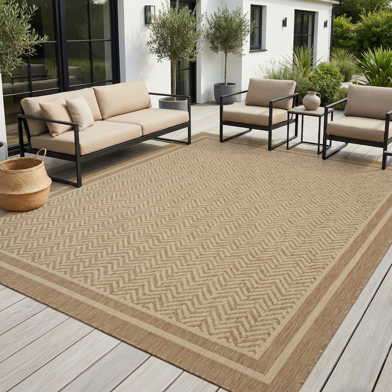 Modern Herringbone Geometric Indoor/Outdoor Area Rug, Rectangle 5' x 7', Beige/Brown