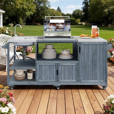 Nymeria 75.4" Solid Wood Outdoor Kitchen Island With Sink And Stainless Steel Top, Rolling Outdoor Grill Cart For Big Green Egg Grills, Pizza Prep, BB by One Allium Way