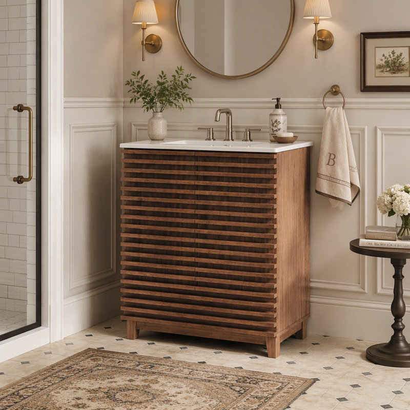 Meuble-lavabo avec lavabo en céramique, meuble indépendant à 2 portes cannelées et 1 tiroir, couleur noyer brun