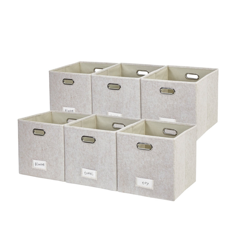 Bac de rangement pliable avec porte-étiquette et poignées en métal, 38 pte, Beige