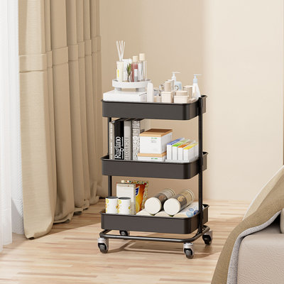 Petit chariot utilitaire à 3 niveaux avec roulettes silencieuses, rangement réglable, noir