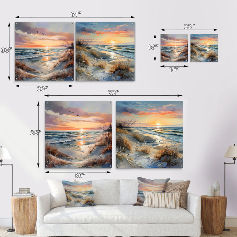 Beach Sunset Charm In Winter II - Coastal Sunset, ensemble de 2 peintures murales en acrylique sur verre, H 16 po x l 33 po