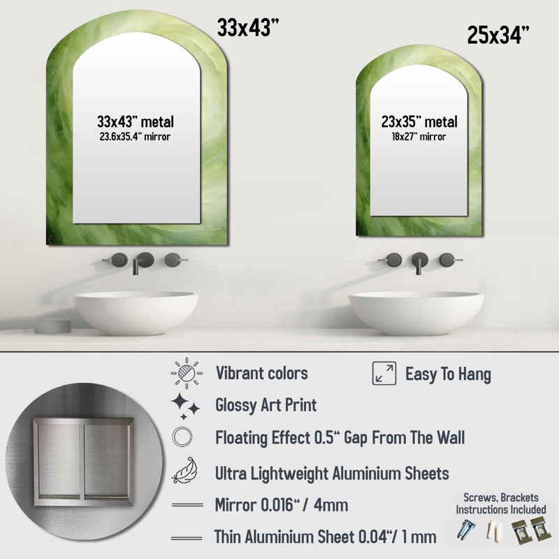 Green Serene Spiral Dreams - Modern Arch Wall Mirror, 34" x 25"