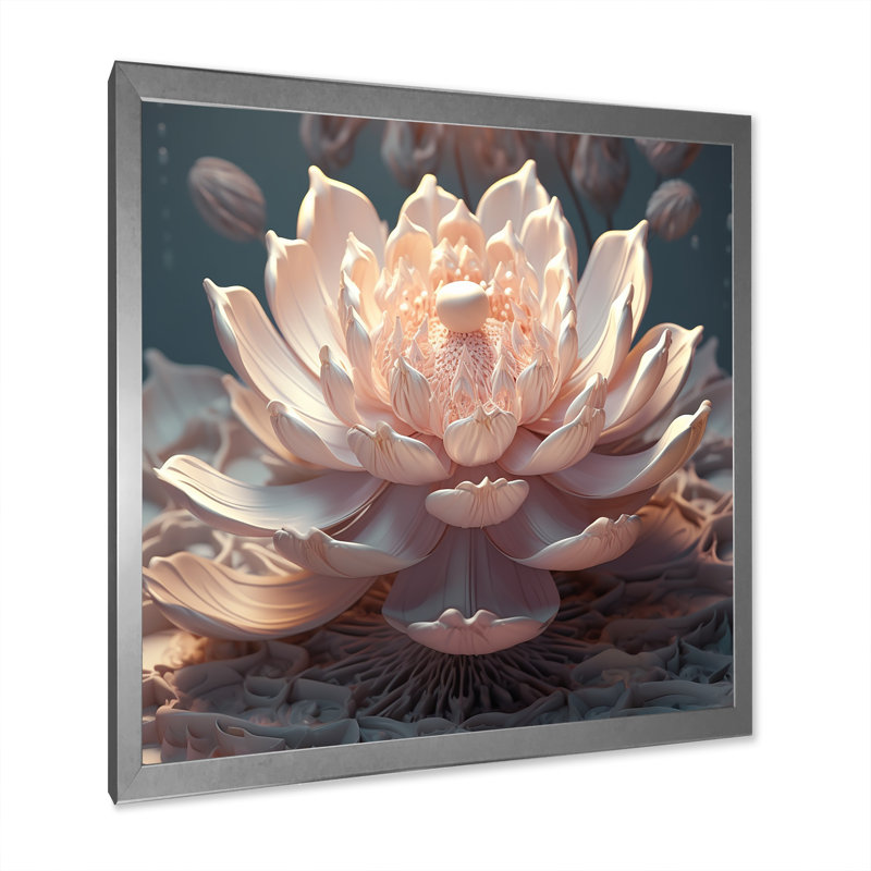 Fleur de lotus rose clair sur fond rose, Cadre simple argenté, H 24 po x l 24 po x P 1 po