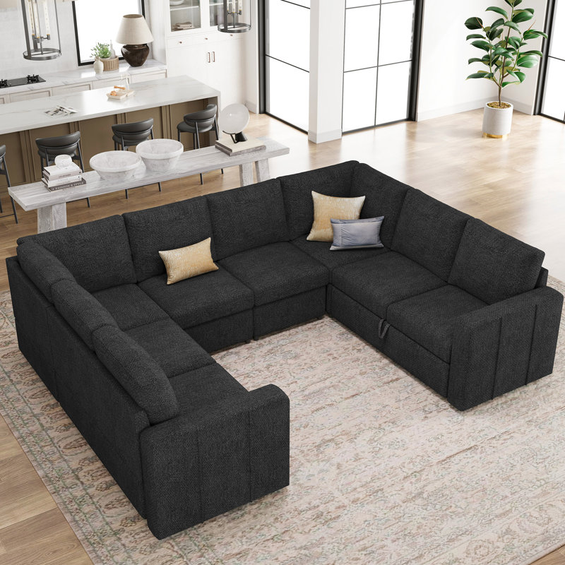 Divan-lit modulaire convertible en U Seybert, Chenille grise foncée
