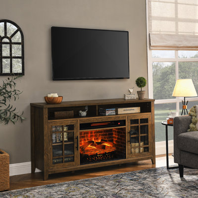 Meuble télé 55 po avec foyer électrique encastrable KD, couleur bois de grange récupéré