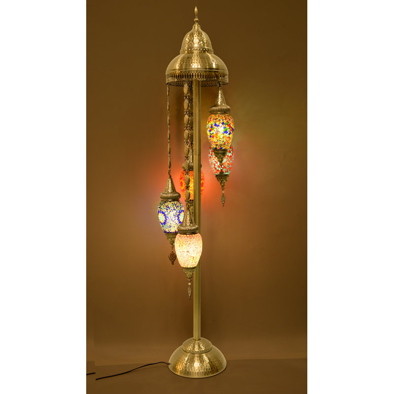 Turkish Moroccan Floor Lamp, 154cm Tall - 5 Olive-shaped Fabric Lampshades, Handcrafted Mosaic Metal Base, Soft Warm Light For Living Room Bedroom Home Decor (5 Bulbs Included)