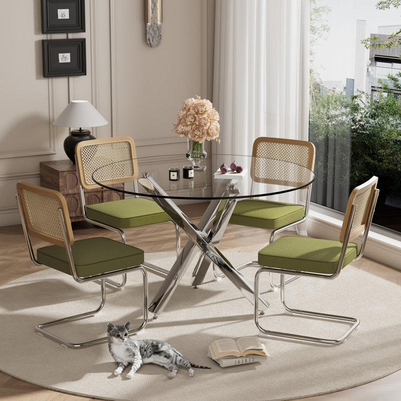 1 Tempered Glass Top Dining Table and 4 Velvet Cantilever Chairs, Green, 29.52"H x 39.37"L x 39.37"W