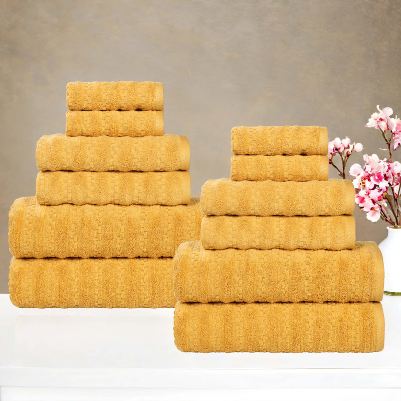 Zuma Zero Twist Cotton Medium Weight Soft Absorbent 12 Piece Towel Set, Gold