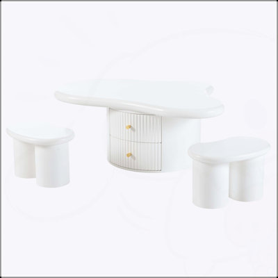 Ensemble de 3 tables basses Cloud de forme irrégulière avec 2 tiroirs et 2 petits tabourets de salon