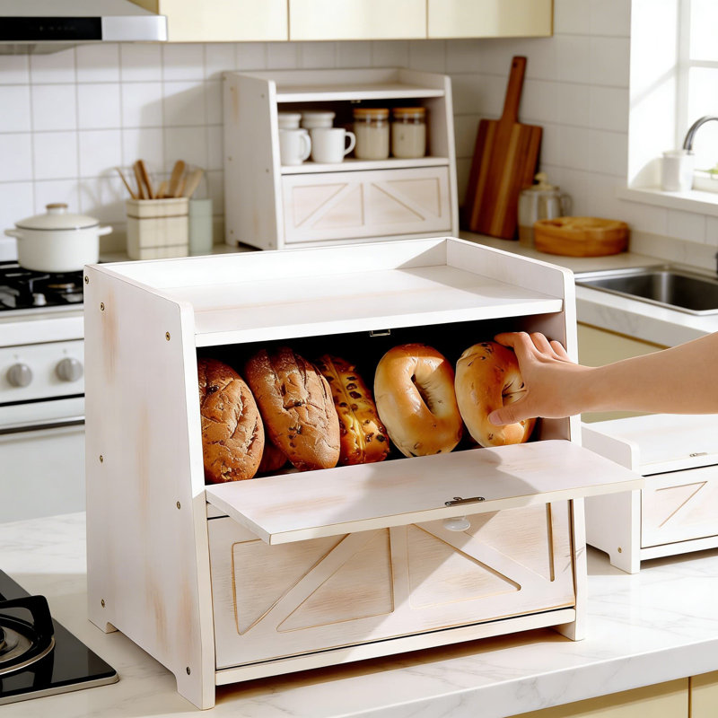Boîte à pain à double couche en bambou avec loquet magnétique, contenant de grande capacité pour le comptoir de cuisine pour l'organisation du pain, des fruits et du garde-manger
