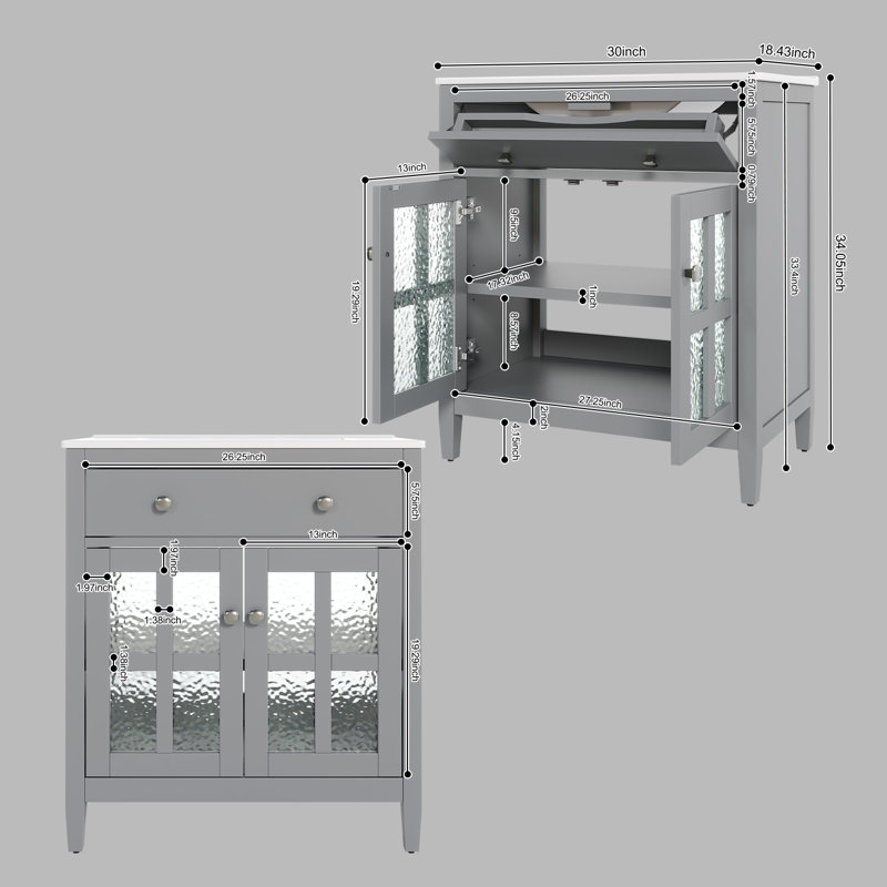 Meuble-lavabo 30 po avec lavabo en céramique, meuble-lavabo avec pieds en bois massif, Gris